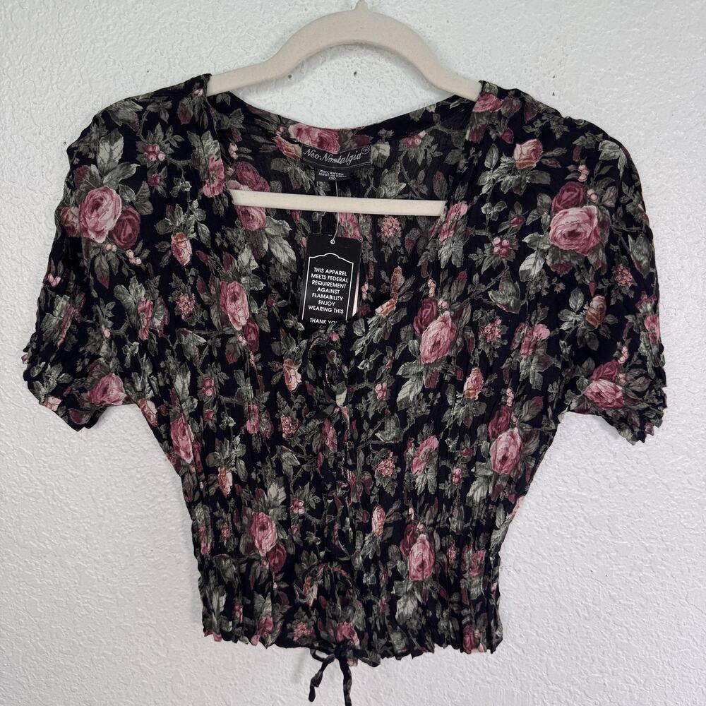 Vintage Floral Top Womens Medium Romantic Tie Crop Blouse Boho Neo Nostalgia
